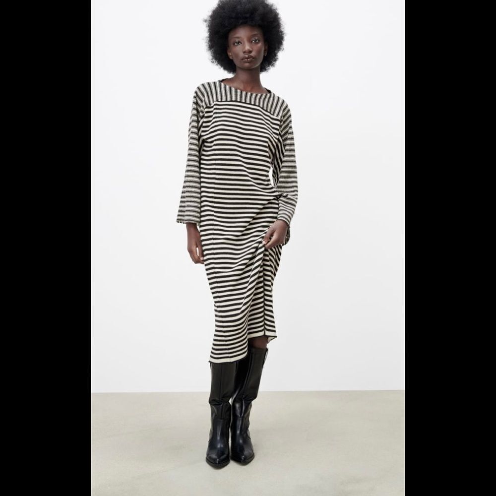 NEW ZARA black white striped 100% wool knit  mid length sweater dress S